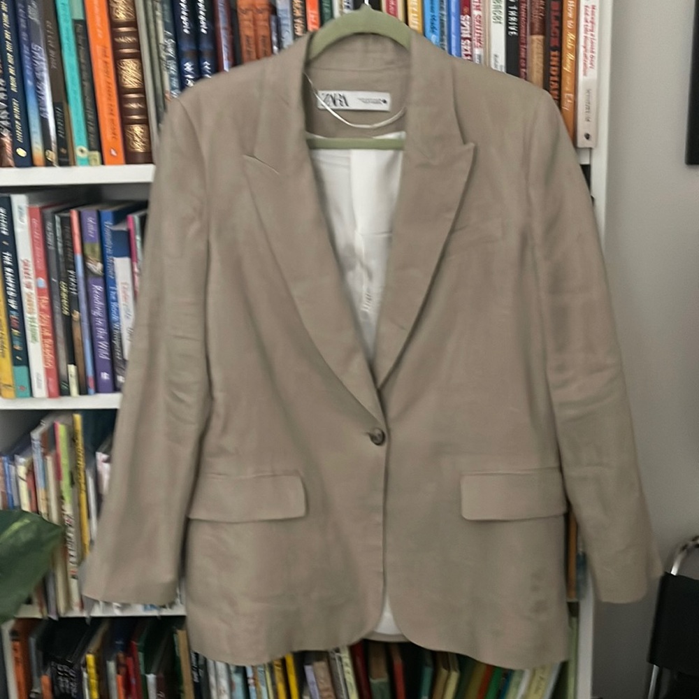 ZARA STRAIGHT CUT LINEN BLAZER OVERSIZED BOYFRIEND STYLE JACKET TAN SIZE MEDIUM